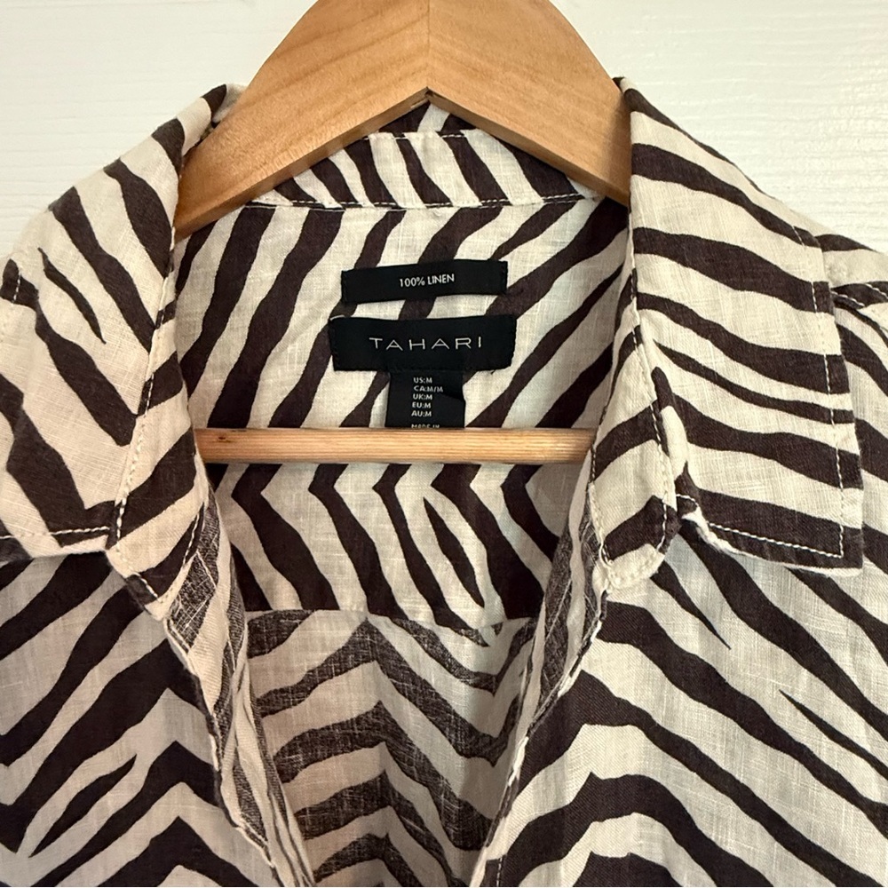 Tahari 100% Linen Zebra Print Button-Up Shirt Med… - image 2